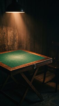 Empty wooden poker table illuminated by a single overhead lamp. Dark room atmosphere evokes the tension of high stakes gambling psychology.