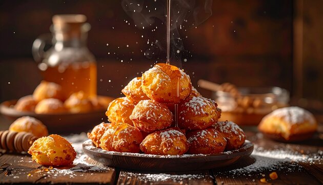 Glazed fried pastry bites, Authentic Central Asian Baursak dough balls sprinkled with sugar and drizzled with warm honey.