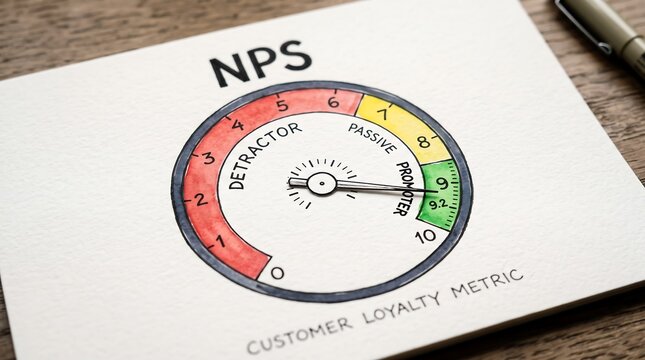 Nps gauge showing customer loyalty score on paper