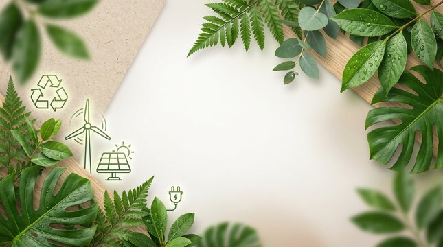 Sustainability, premium sustainability background featuring green leaves, recycle symbol, renewable energy icons, subtle earth tones and soft white gradient