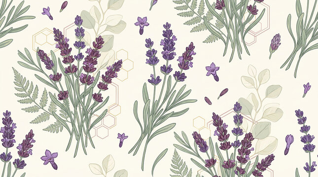 Hand drawn lavender bunches and geometric honeycombs seamless pattern for herbal branding.