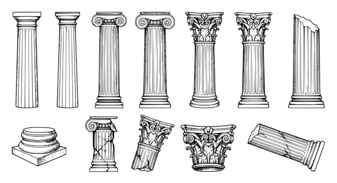 column, pillar, ancient, greek, roman, architecture, classical, antique, history, ruin, monument, doric, ionic, corinthian, temple, capital, order, vector, illustration, set, collection, lineart, outl