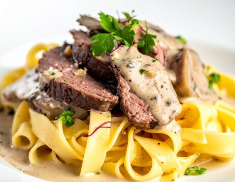 Rustic beef Stroganoff. Strips of seared beef tenderloin tossed in a rich sour cream sauce over fresh pasta.