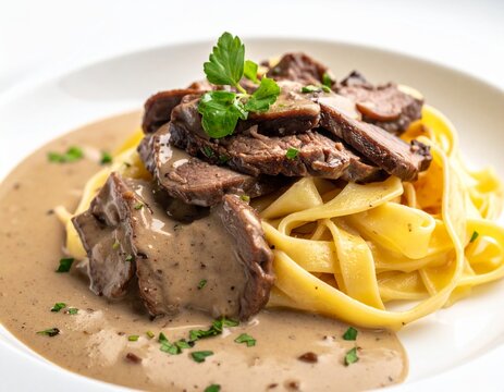 Savory beef Stroganoff. Rich tender beef strips in traditional smetana sauce paired with fettuccine pasta.