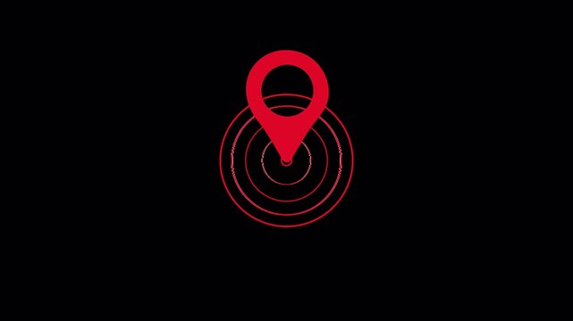 Red map location pin icon with pulsing radar circles animation on black background, GPS navigation and tracking concept  isolated on transparent background