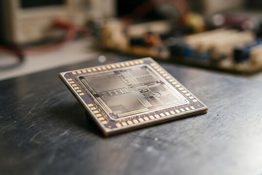 A close-up shot of a computer chip on a dark surface.