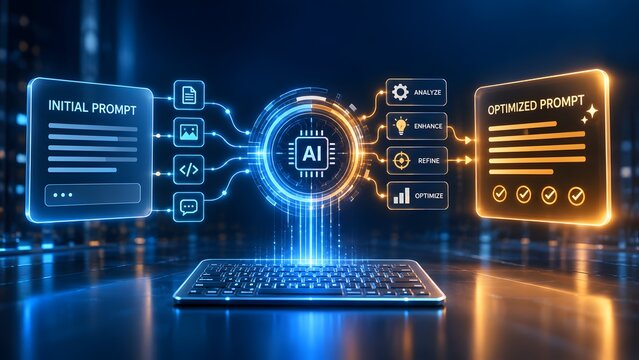 Digital Interface Concept Showing Prompt Engineering Process with Glowing Processor Analyzing and Optimizing Code Inputs