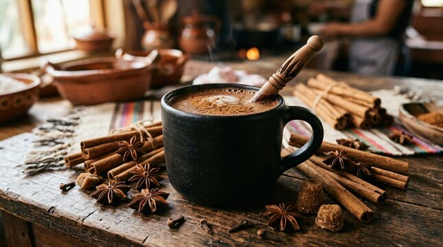 Traditional cafe de olla in clay mug with cinnamon sticks, star anise, and piloncillo on rustic wooden table for International Coffee Day.