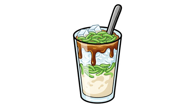 Refreshing cartoon Cendol with green jelly, coconut milk, gula melaka syrup, crushed ice, white background