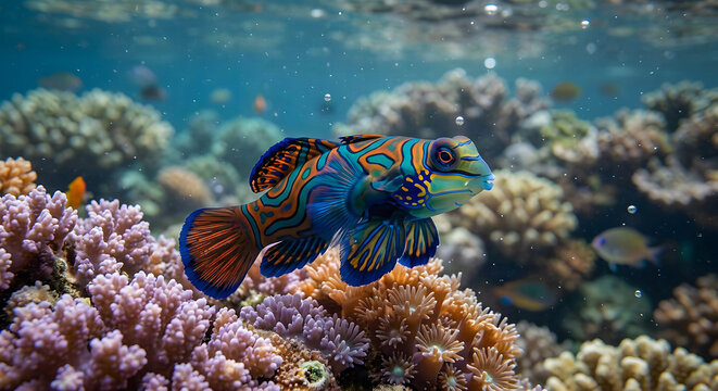 Mandarin fish swimming over a colorful coral reef underwater