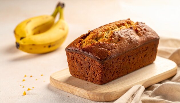 Classic banana bread loaf. Freshly baked bolu pisang or homemade banana bread loaf on a wooden board with fresh fruit.