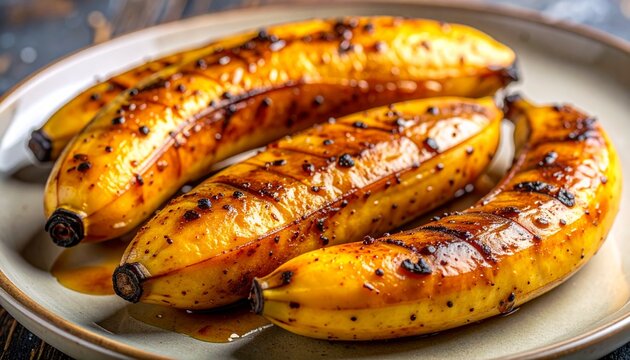 Glazed grilled plantains. Traditional pisang bakar coated in sweet syrup and roasted over an open grill.
