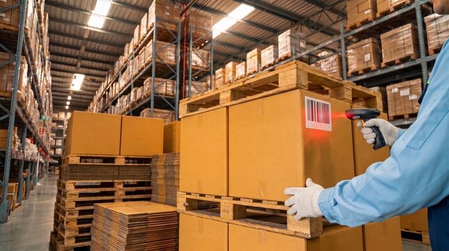 Warehouse worker scanning cardboard boxes with a handheld barcode reader for efficient inventory management and logistics operations