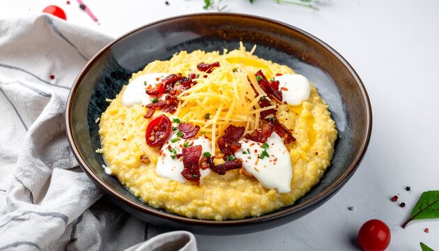 Cornmeal porridge bowl. Traditional ukrainian banosh dish topped with cheese and bacon bits.
