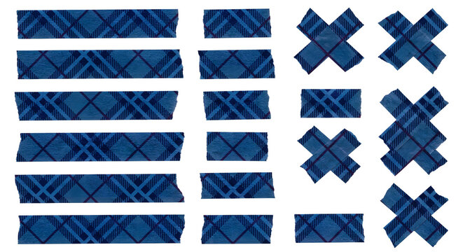 Blue plaid washi tape strips and crosses isolated on transparent background