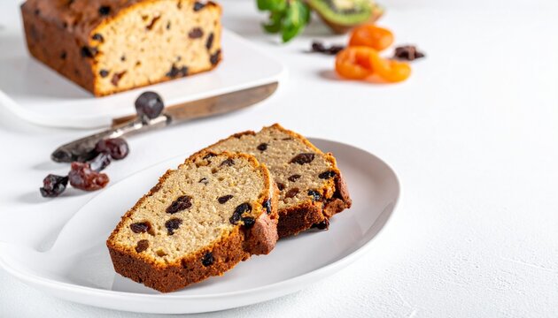 Sliced tea bread. Delicious welsh bara brith fruit cake containing juicy raisins on a white plate.