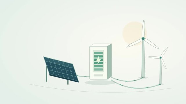 Solar panels and wind turbines connected to battery storage
