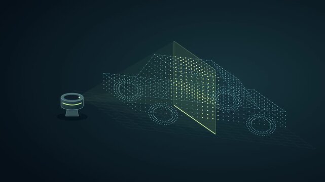 LiDAR sensor sweeping a glowing vehicle point cloud
