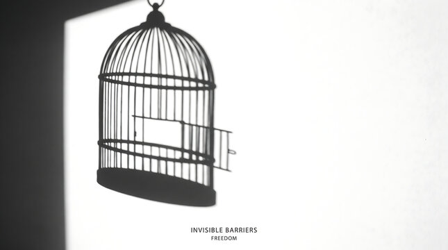 Empty birdcage shadow cast upon plain wall signifies intangible obstacles preventing true personal autonomy liberty and escape from self imposed prison.