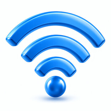 Glossy blue wifi icon, 3D wireless internet signal symbol, metallic network connectivity emblem on white background
