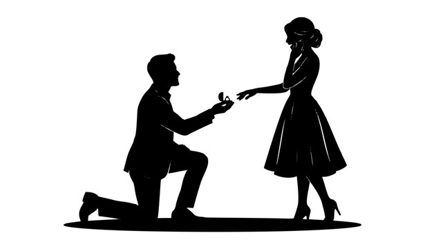 Romantic Man Proposing to Woman with Engagement Ring Black Silhouette