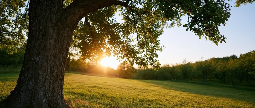 The Majestic Tree in a Golden Sunset Over a Tranquil Meadow
