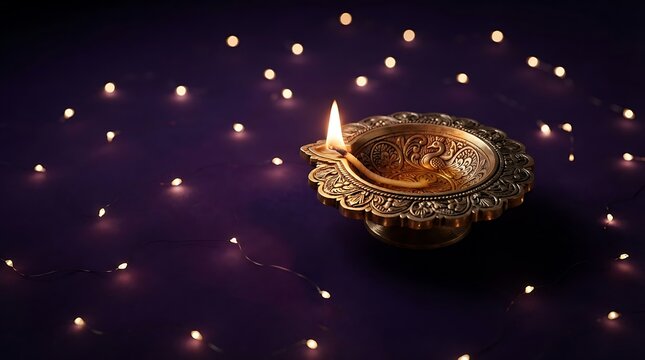 Diwali festival of lights with traditional Indian diya lamp and string lights