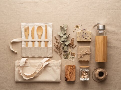 Sustainable Eco Friendly Lifestyle Flat Lay with Reusable Natural Products
