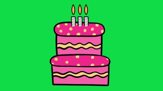 2D Hand Drawn Two Tier Birthday Cake Animation on Green Screen Background
