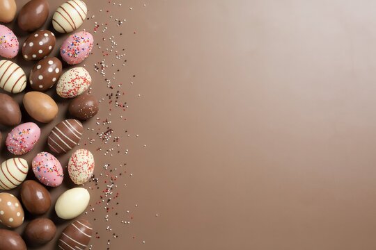 Assortment of decorated chocolate easter eggs and sprinkles on brown background, chocolate eggs candy