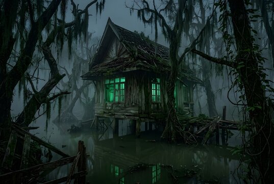 Creepy abandoned wooden stilt house in a dark, foggy swamp at night, featuring eerie glowing green windows, twisted trees with hanging moss, and a mysterious moody atmosphere.