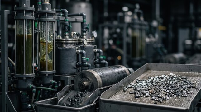 Critical mineral recovery system with solvent extraction columns, leaching tanks, magnetic separators, and reusable metal feedstock