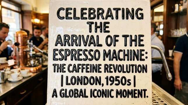 Vintage sign celebrating the arrival of the espresso machine inside a traditional coffee bar, caffeine revolution theme for Coffee Day.