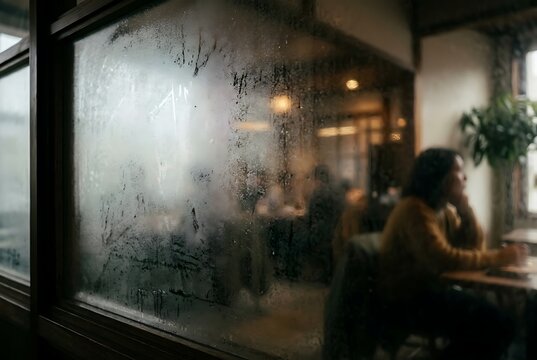 Cozy cafe interior seen through a foggy window with a woman sitting inside on a rainy day.