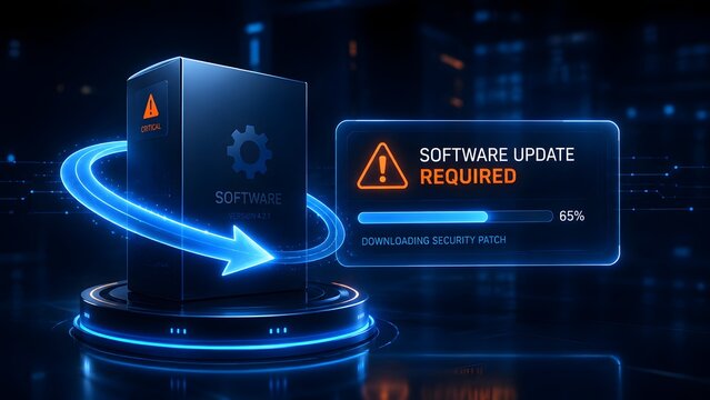 Critical software update required interface showing a glowing 3D product box with a downloading security patch progress bar in a cyber environment.