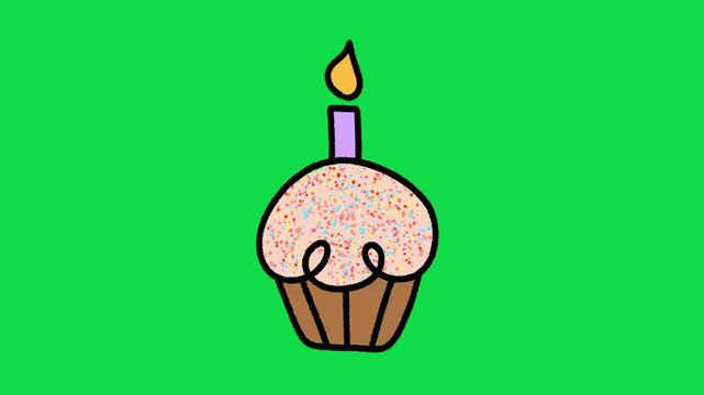 2D Hand Drawn Birthday Cupcake with Candle Animation Overlay on Green Screen Background