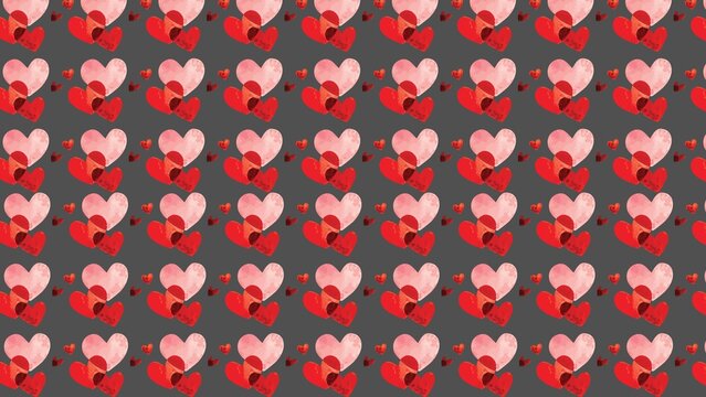 Romantic heart pattern on dark gray background, red and pink watercolor hearts wallpaper, seamless love illustration for Valentine's Day