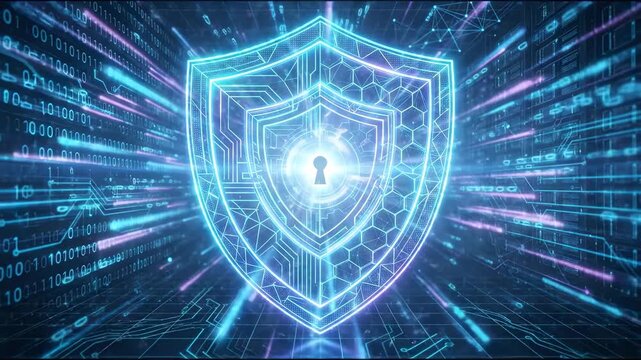 Animation shows a shield symbol surrounded by light and data patterns. The background features a network of lines and binary code