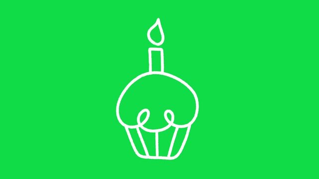 2D Hand Drawn White Line Birthday Cupcake Animation Overlay on Green Screen Background