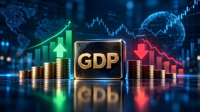 Gross Domestic Product economic concept featuring a gold GDP block surrounded by coin stacks, rising green arrow, and global financial charts.