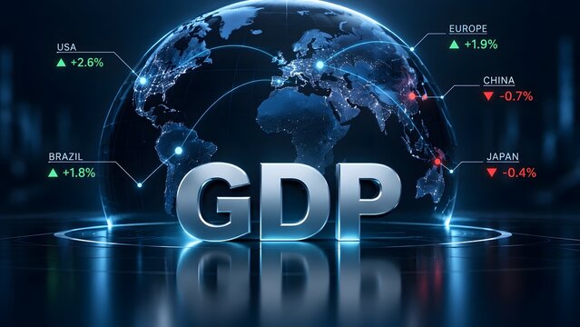 Global Gross Domestic Product economic indicator concept with 3D text, glowing world map globe, and international financial growth data.