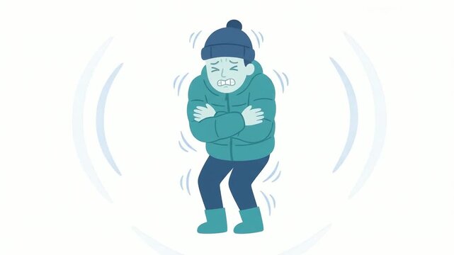 Person wearing a winter jacket and beanie shivers uncontrollably while standing in a cold environment to represent the physical sensation of freezing temperatures and seasonal health concerns.