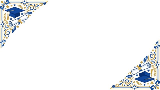 Elegant graduation border with mortarboard and diploma, blue and gold academic frame, formal commencement invitation background