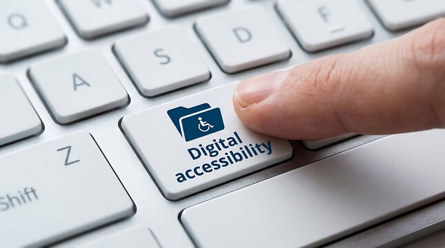 Finger pressing digital accessibility key on white keyboard