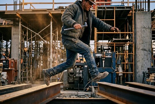 Construction worker jumping over steel beams at building site.