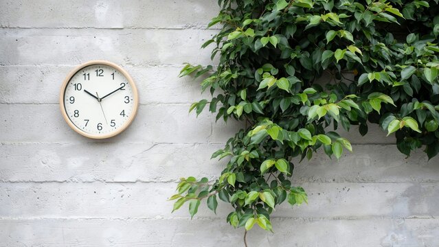 Round wall clock with light wood frame hanging on a textured concrete wall next to lush green foliage