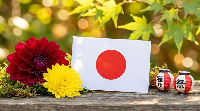 Japanese flag with red dahlia and yellow chrysanthemum flowers on a wooden surface with traditional lanterns and autumn leaves