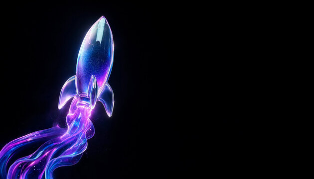 Glass rocket ship launching up with glowing purple and blue smoke trail on black background startup launch concept