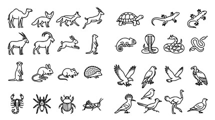 Fototapeta premium Desert Wildlife and Wild Animals Vector Line Icon Pack Featuring Camel Gazelle Reptiles Snakes Birds of Prey Insects and Arid Ecosystem Fauna Graphics