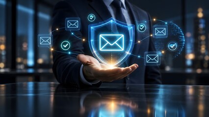 Fototapeta premium Businessman holding a glowing holographic shield with an email icon representing secure digital communication, encrypted messaging, and spam protection.